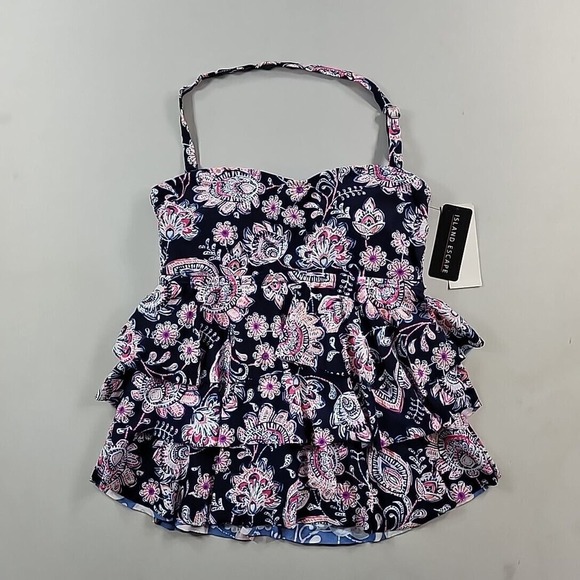 ISLAND ESCAPE Bandini Swimsuit Top Womens 10 Navy Floral Stretch Removable Cups‎ - Picture 2 of 4